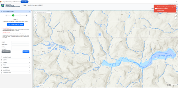 nhdlocator - snapped outside of PA message